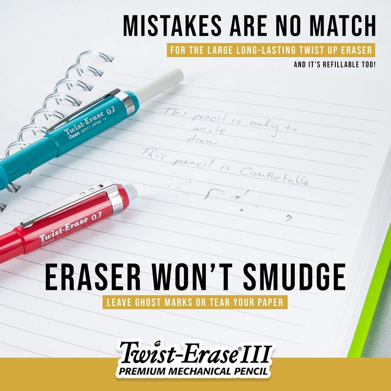 Pentel Twist-Erase III Mechanical Pencils, 0.5 mm, Assorted Barrel Colors, Pack Of 2 Pencils - Image 3